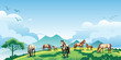 View of spring landscape, countryside, horses grazing in a green meadow, vector illustration