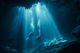 Divers in an underwater cave light nature photography
