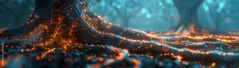 Stylized digital forest where each tree is a user, with roots and ...