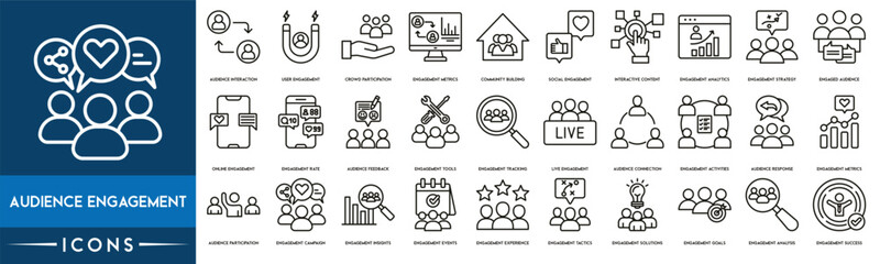 Audience Engagement icon. Audience Interaction, User Engagement, Crowd Participation, Engagement Metrics, Community Building, Social Engagement, Interactive Content and Engagement Analytics