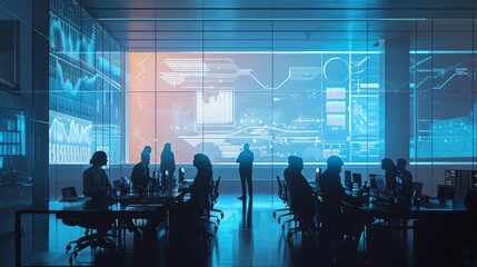Poster - A business meeting where participants use augmented reality to visualize data and analytics, in a minimalist high-rise office, styled as a futuristic strategy room
