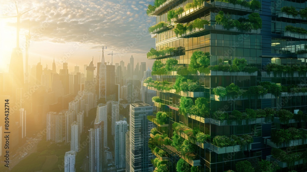 A high-rise building with a vertical garden facade, solar panels on the ...