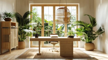 Poster - A modern home office with bamboo furniture, large windows for natural light, surrounded indoor plants