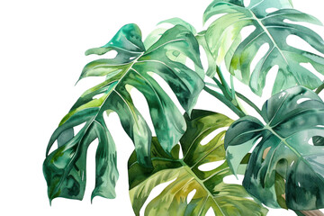 A watercolor painting of a Monstera deliciosa plant, capturing the delicate beauty of its leaves with soft washes of color against a white background