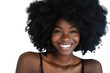 © Oratai - A young Black woman showcasing her natural beauty, her afro hair embracing its natural texture, as she poses with a radiant smile., realistic photos on a white background