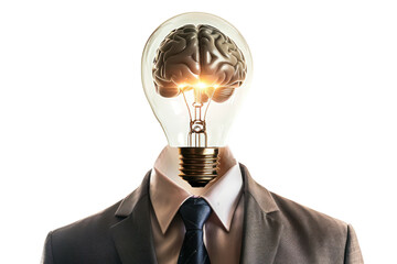 A businessman's face illuminated by the light from a lightbulb held in their hand, with a brain clearly visible inside, highlighting the power of ideas and inspiration. 