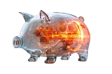 A captivating digital artwork showcasing a futuristic piggy bank with a glowing slot, coins morphing into digital currency as they enter its depths. .,realistic photos on a white background