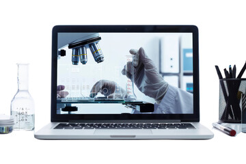 A laptop screen morphing into a transparent window, revealing a scientist working on a groundbreaking invention., realistic photos on a white background