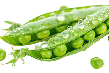 A macro photo of fresh green peas, glistening with dewdrops, nestled in their open pod on a white background. ., realistic photos on a white background