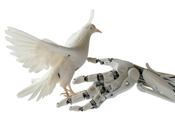 A photo of a robotic hand holding a dove of peace, on a white background. .,realistic photos on a white background