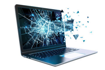 A vintage laptop with a cracked screen, from which a futuristic holographic display emerges, showcasing a network of interconnected devices., realistic photos on a white background