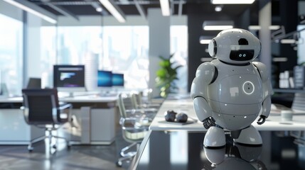 Poster - AI robot in a modern office programming itself, styled as minimalist and futuristic