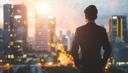 Wall Mural - A man in a suit is looking out over a city at the sunset by AI generated image