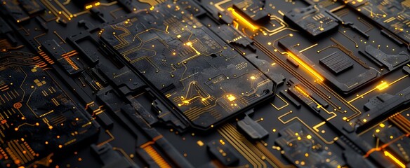 A close up of a circuit board with gold lights.