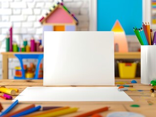 Wall Mural - A white blank paper on a wooden table with crayons and markers.