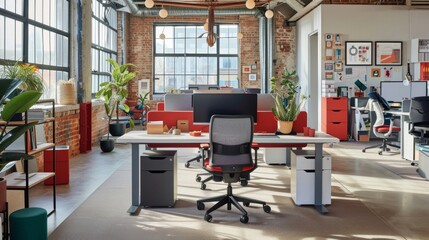 Wall Mural - An image of a shared workspace with different personal items on each desk, indicating the use of hot desking where employees share workstation resources on different days