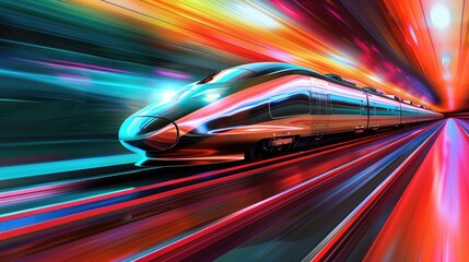 Fototapete - The image symbolically represents speed innovation and the future through an artistic portrayal of a high speed train in dynamic abstract colors