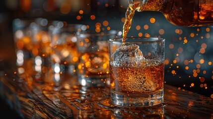 Barman pouring fresh alcoholic drink into the glasses with ice cubes on the bar counter.