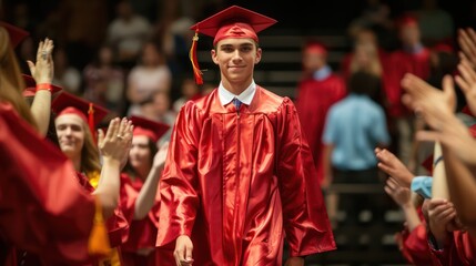 Wall Mural - An image of a high school graduate walking proudly across the stage to receive their diploma, cheered on by friends and family in the audience.