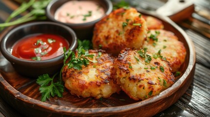 Traditional Eastern European dish of potato cake served with sauce and parsley on a wooden platter