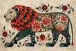 Lion with rose decorations on its body, painted in traditional Madhubani Bharni style, serene and graceful concept