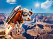 a daredevil cow with rocket strapped to its back, attempting a jump jumping across Grand Canyon, aviator goggles, exaggerated alarmed look on its face, comedic fantasy