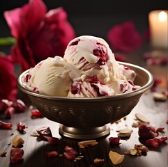 Rose and pomegranate gelato ice cream scoops in a cup, cinematic food dessert photography  