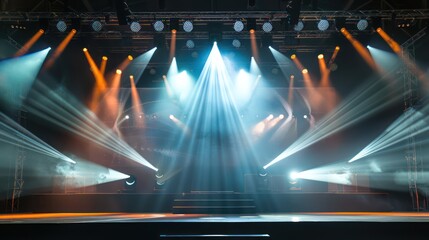 An image of the graduation stage illuminated by stage lights and spotlights, creating a dramatic and festive atmosphere for the commencement ceremony. 