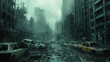 © Duka Mer - A postapocalyptic city street with destroyed buildings, broken cars, and rubble, appearing dark and gloomy, but with light visible at the end of the tunnel.