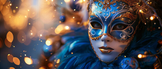 A beautifully decorated mask with intricate designs and a shimmering blue color is surrounded by festive decorations like lights and confetti, set against an elegant background.