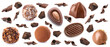 Set of many different chocolate candies on white background