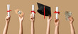 Female hands with diplomas, piggy bank, money and graduation hat on beige background