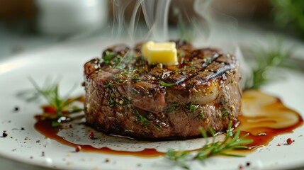 Wall Mural - close-up scene of a sizzling steak with aromatic herbs and butter, on a white ceramic plate, in a high-resolution, realistic style