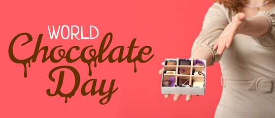 Wall Mural - Young woman holding box of sweet candies on red background. Banner for World Chocolate Day