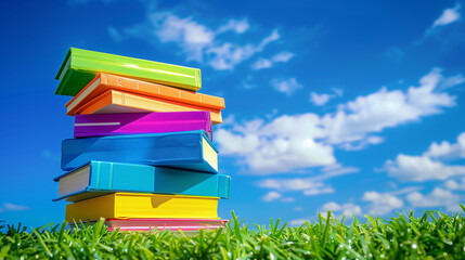 Wall Mural - A stack of colorful books is on top of a green grassy field. The sky is clear and blue, and there are a few clouds scattered throughout the sky. Concept of calm and relaxation