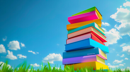 Wall Mural - A stack of colorful books is on top of a green grassy field. The sky is clear and blue, and there are a few clouds scattered throughout the sky. Concept of calm and relaxation