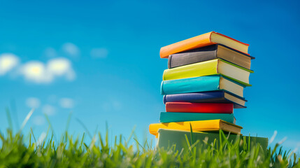 Wall Mural - A stack of colorful books is on top of a green grassy field. The sky is clear and blue, and there are a few clouds scattered throughout the sky. Concept of calm and relaxation