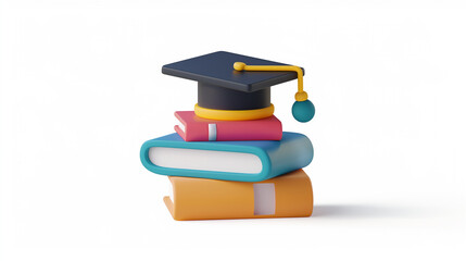 Wall Mural - A stack of books with a purple hat on top. The hat is a graduation cap. The books are colorful and arranged in a pyramid shape. Concept of education and achievement