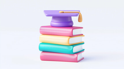 Wall Mural - A stack of books with a purple hat on top. The hat is a graduation cap. The books are colorful and arranged in a pyramid shape. Concept of education and achievement