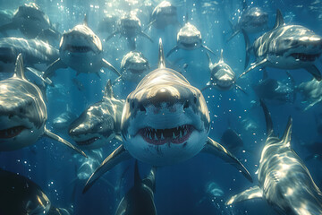 Wall Mural - Front view and closeup of shark. Created with Ai