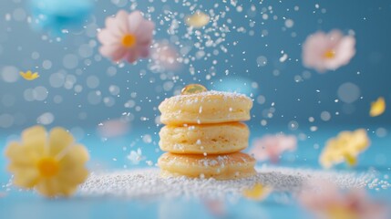 Wall Mural -   A table is covered with a stack of donuts, dusted withconfetti, and coated in sugar