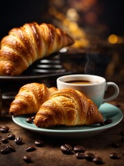 Wall Mural - Yummy French croissant with a cup of Americano coffee, cinematic drink food photography 