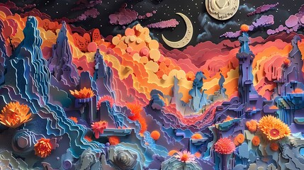 Wall Mural - Paper cut art universe landscape illustration poster background