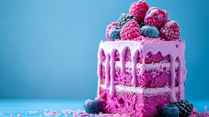 Poster -   A blue background features a cake decorated with raspberries and blueberries, topped with sprinkles