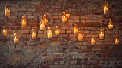 Poster - Enchanted evening: hanging mason jar candles against brick wall