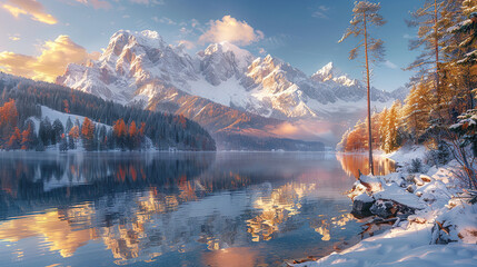 Winter's Glacial Symphony: Reflective Beauty at Snowy Mountain Lake