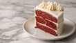   A red velvet cake slice rests on a pristine white plate, surrounded by pristine white frosting The scene unfolds on a cool, polished marble countertop