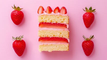   A close-up of a slice of cake topped with strawberries, strawberries adjacent on the other side