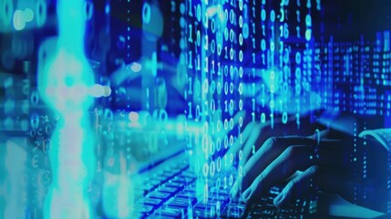 Poster - hands typing on computer keyboard, with abstract code, online cyber attack, hack, threats and breaches Network concept, cyber technology