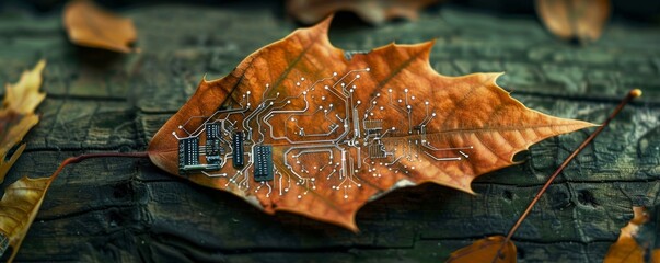 Wall Mural - Nature and technology fusion on autumn leaf